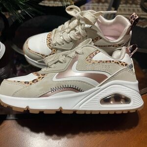 Skechers Women's Sneakers - Cream, Tan, and White with Leopard Accents